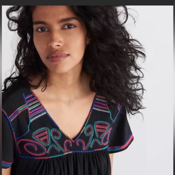 Madewell Embroidered Shift Dress Black Silk - Picture 3 of 11